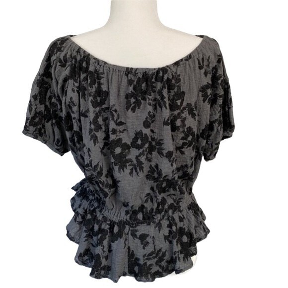 Free People Shades Of Cool Floral Ruffle Off The Shoulder Top Short Sleeves - Picture 5 of 14